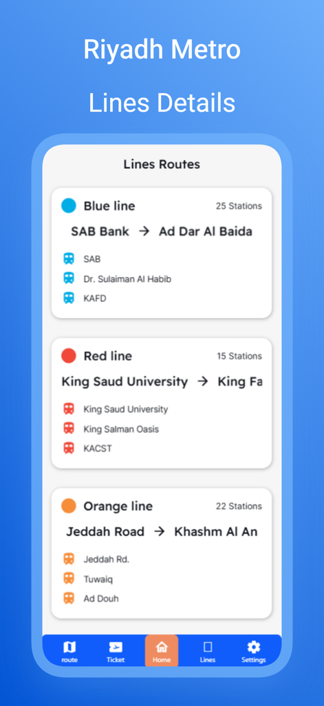 Riyadh Metro Guide app showing routes and stations for the Blue Red and Orange lines