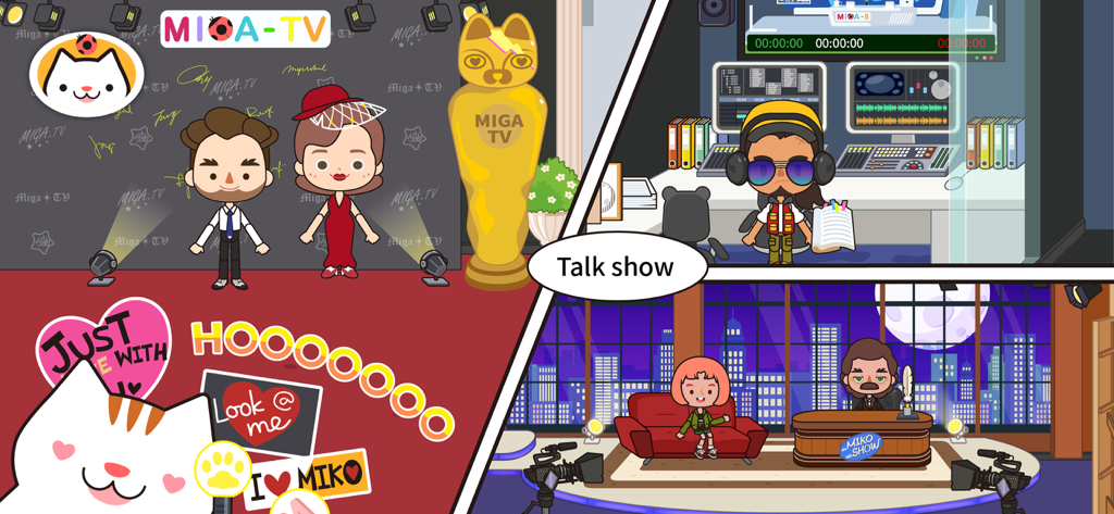 Miga Town : Game & TV Shows - A split-screen illustration of different TV station activities in Miga Town, including a red carpet event, a control room, and a talk show set.