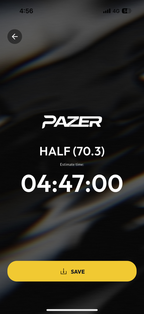 Pazer app triathlon calculator displaying an estimated time for a Half Ironman 70.3 event