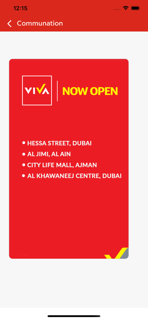 Ecrã da aplicação VIVA Plus+ mostrando novas lojas abertas em Dubai, Al Ain e Ajman