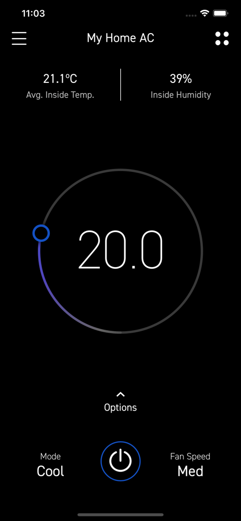 NEO Connect - Panel de control principal de la aplicación NEO Connect que muestra la temperatura, la humedad, el modo de enfriamiento y la configuración de la velocidad del ventilador.
