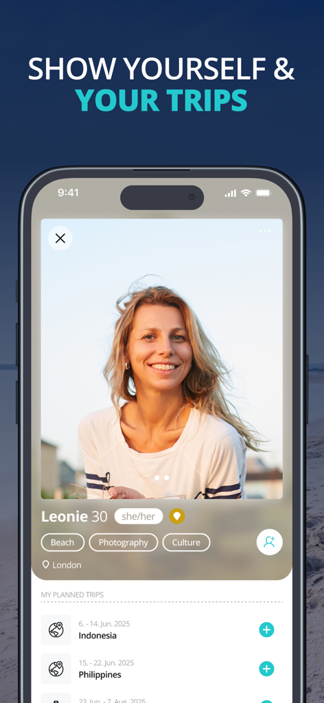 Tourlina - Travel Buddy - A user profile on the Tourlina app showing personal interests and a list of planned trips to Indonesia and the Philippines