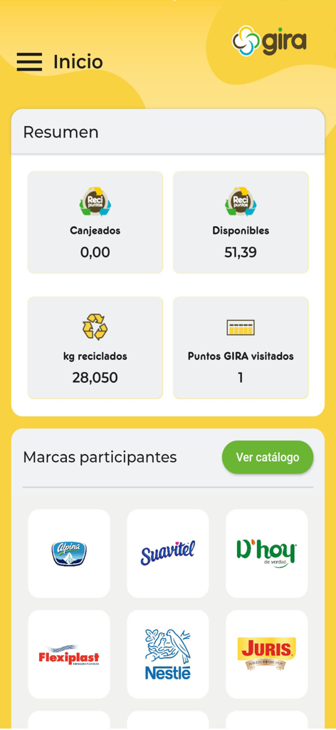 GIRA - GIRA mobile app home screen showing recycling statistics summary and partner brands