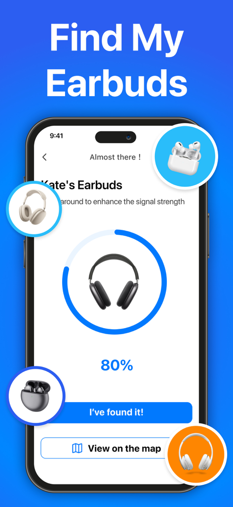 Smartphone screen showing the Find Air app tracking lost earbuds with a signal strength indicator at 80 percent