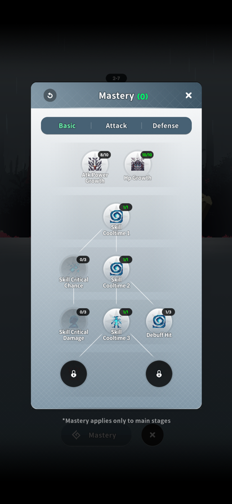 Screenshot of the Mastery skill tree menu in The Legend of Tartar showing basic attribute upgrades
