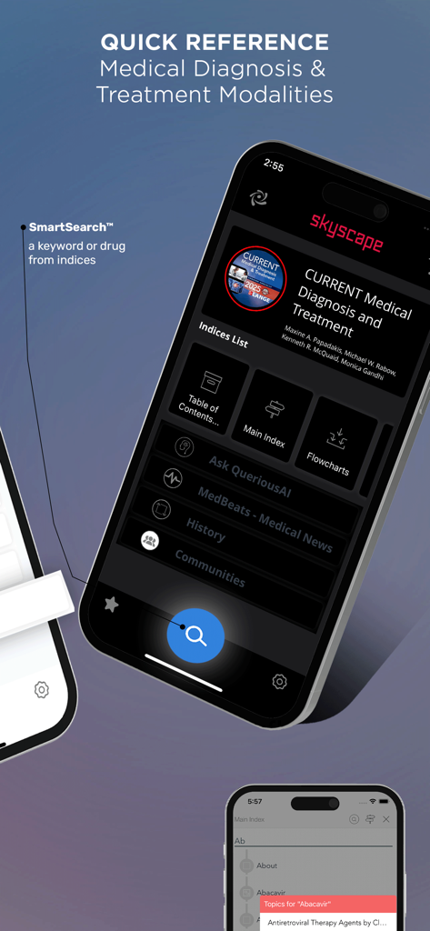 Interface of the CURRENT Medical Diagnosis and Treatment mobile app highlighting search and reference tools