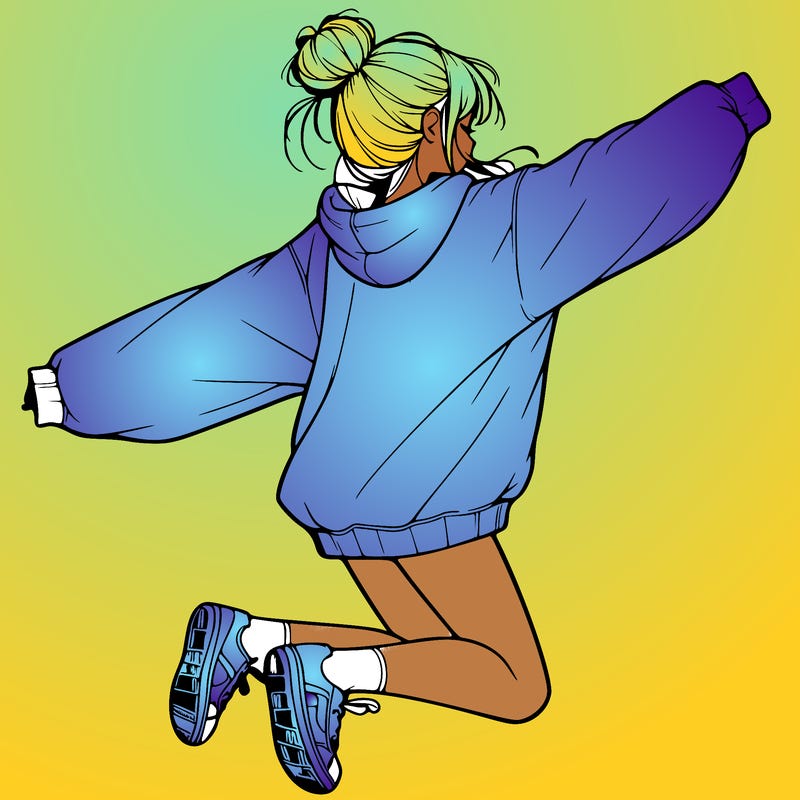 realistic girl jumping with a bun and oversized sweatshirt