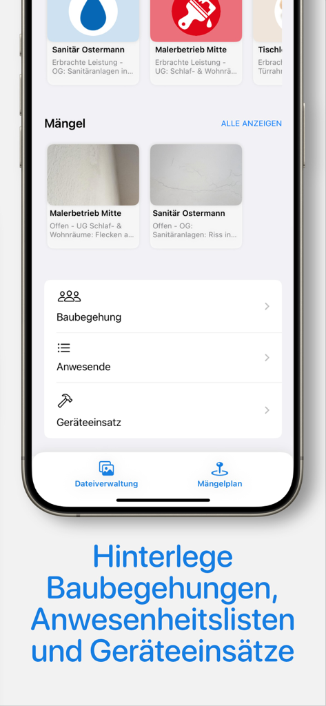 ProCapture app interface displaying construction site inspections and defect tracking.