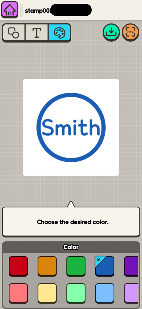 Personalizando el color de un sello digital circular en la aplicación móvil Stamp Craft.