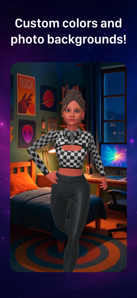 Vtubr - Live 3D Avatars - Un avatar 3D femenino posando en un fondo de habitación virtual personalizable.