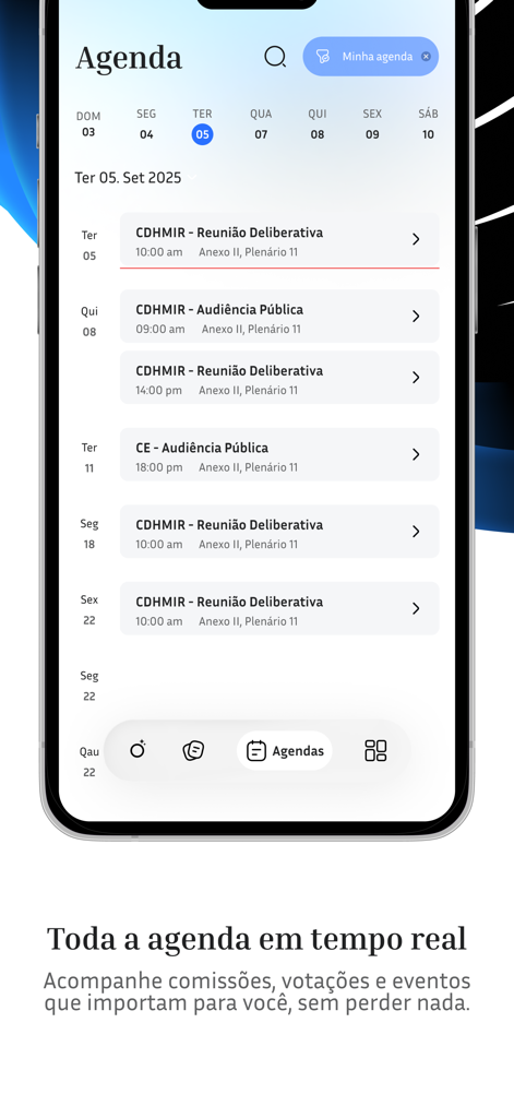 Nomos - Monitoramento Político - A mobile interface displaying a real-time political agenda with legislative committee meetings and public hearings