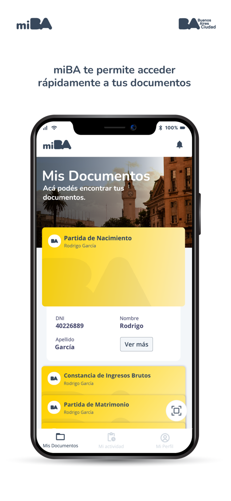 miBA - miBA app screen showing digital official documents on a smartphone