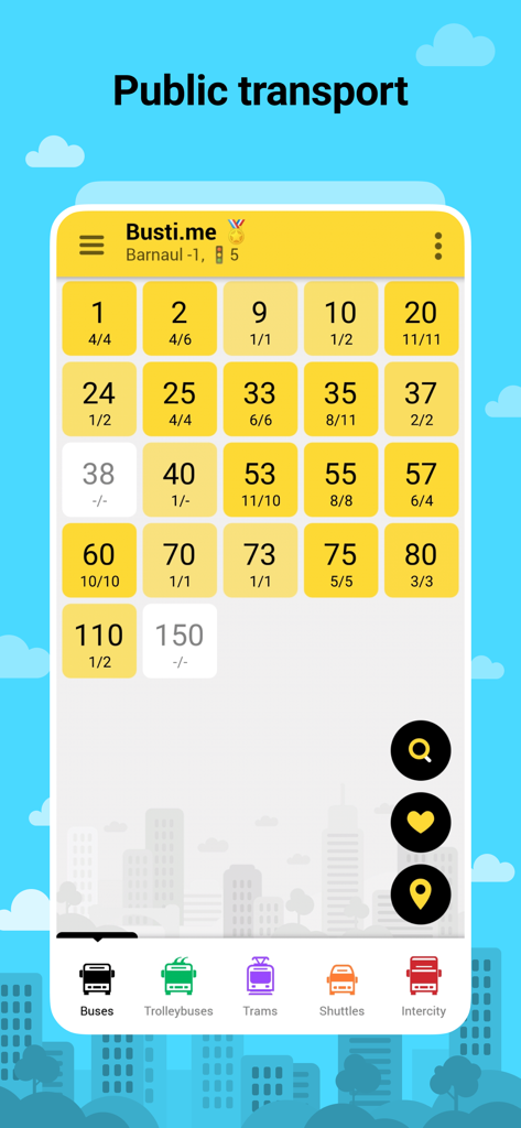 Bustime app interface showing a grid of numbered public transport routes