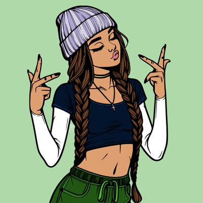 realistic teenage girl with braids and a beanie and crop top doing 🫶🏼