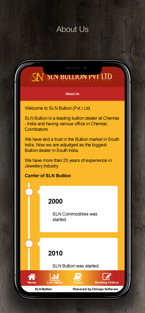 About Us screen of the SLN Bullion app displaying company history and a timeline of milestones.