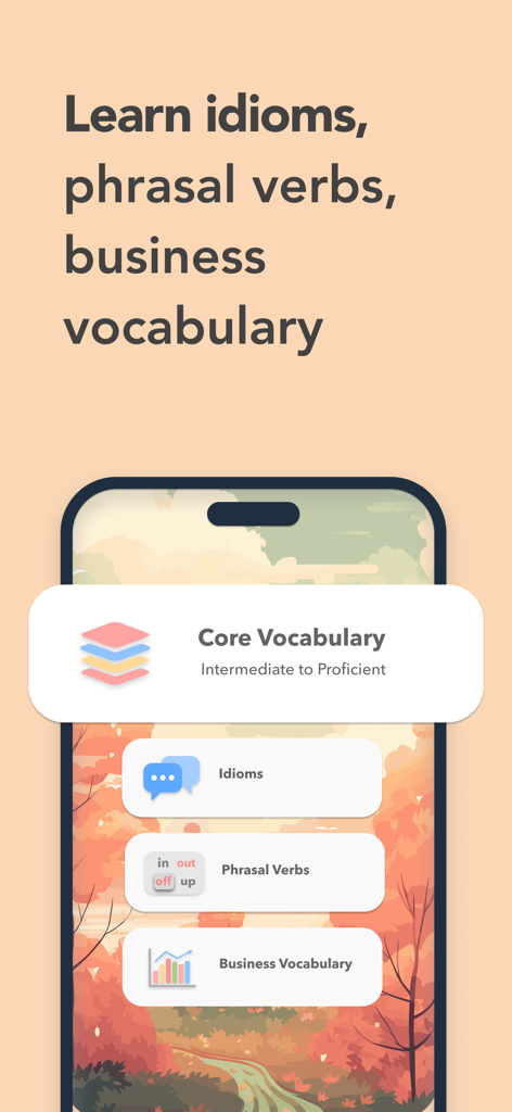 Vocabulary Builder by Atlas - Atlasアプリのインターフェース。慣用句、句動詞、ビジネス語彙の学習カテゴリが表示されている。