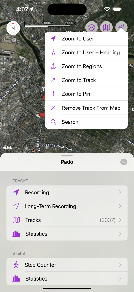 Pado - Pado app interface showing satellite map view with zoom menu options and activity tracking categories for tracks and steps.