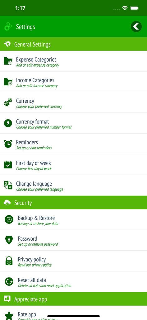 The settings menu of the Expense Tracker app showing options for categories, currency, and security.