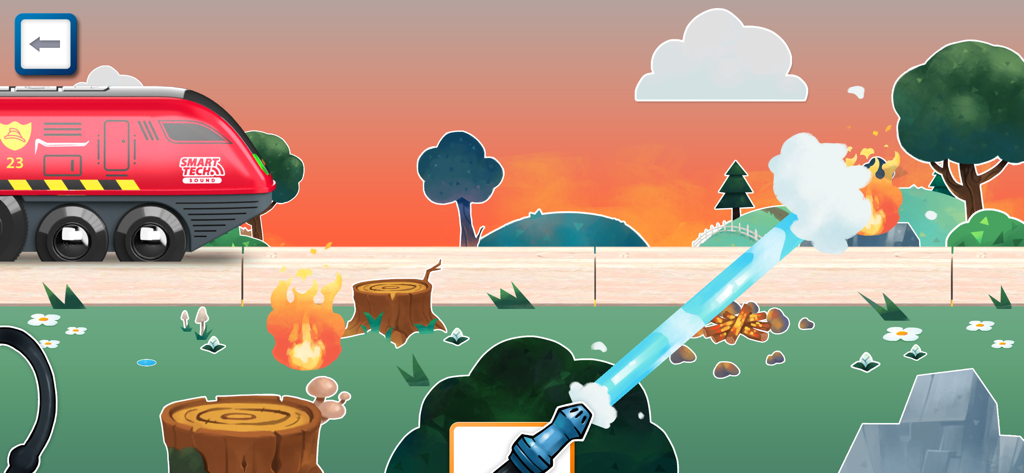 Interactive fire-fighting gameplay scene with a red BRIO train in a colorful cartoon landscape.