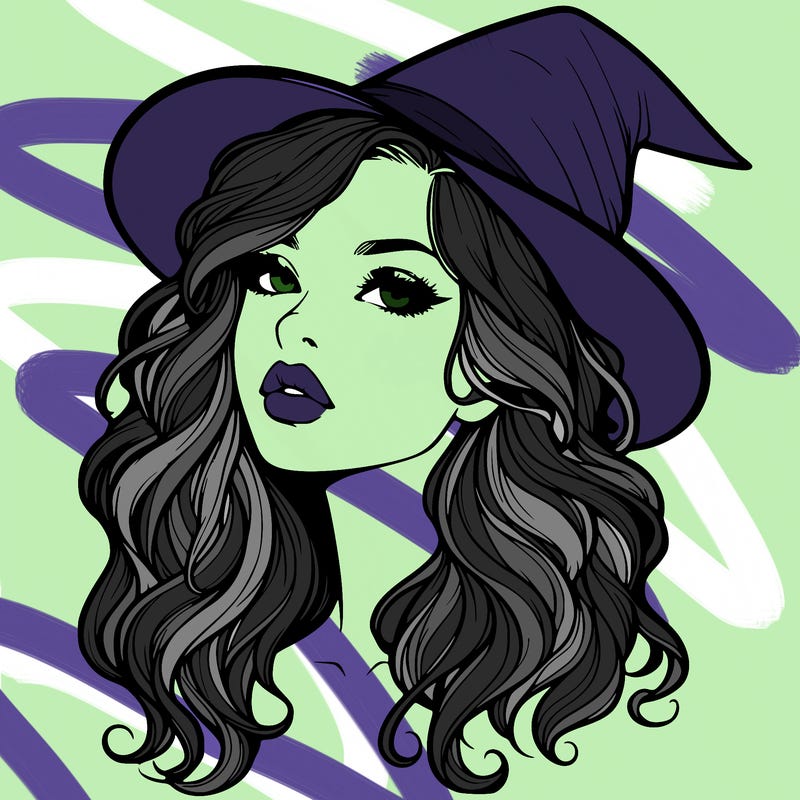realistic witch girl with wavy hair and lips
