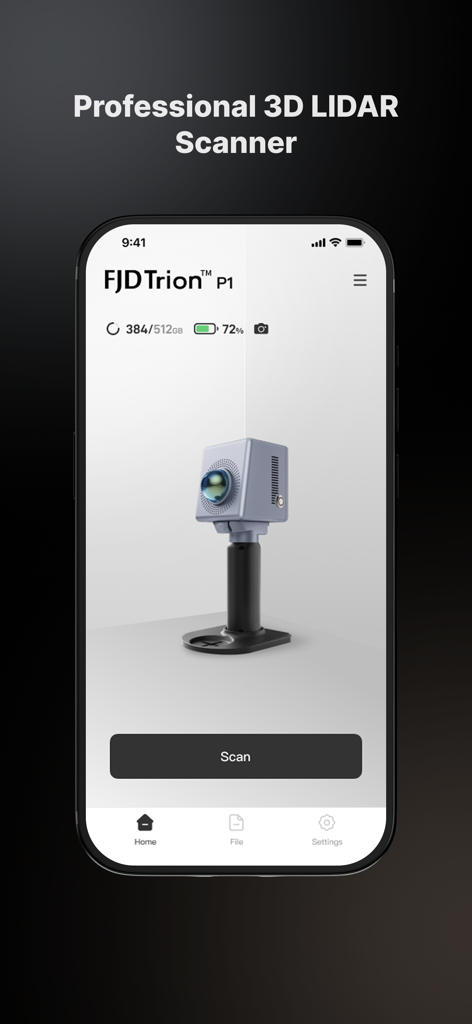 FJD Trion Scan - FJD Trion Scan app home screen displaying a professional 3D LiDAR scanner and scan button