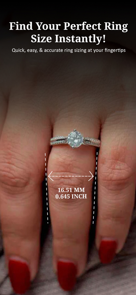 Ring Size - Find Your Size - 指の幅をミリメートルとインチで示すデジタル測定ガイドが付いた、ダイヤモンドリングを着用した手。