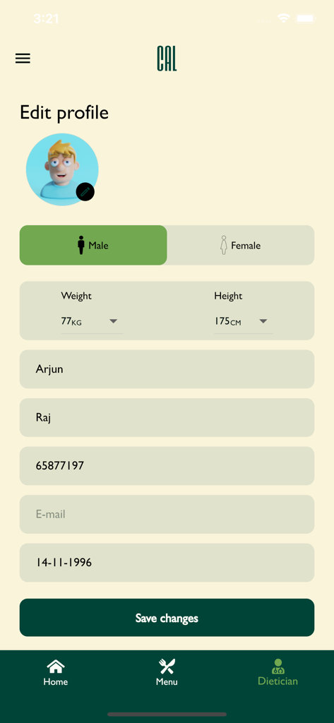 CAL - كال - Pantalla de edición de perfil de usuario para la aplicación de salud y fitness CAL
