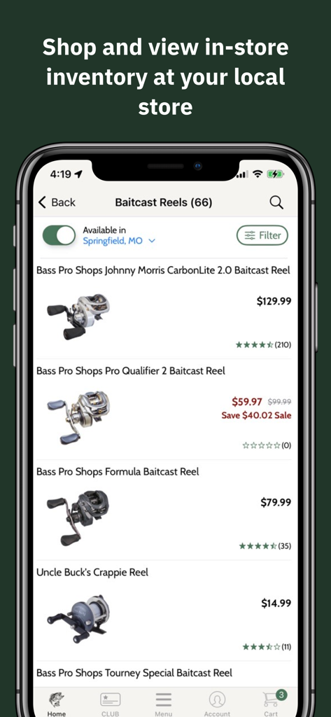 Bass Pro Shops - Bass Pro Shops mobile app screen showing a list of fishing reels with local store inventory status