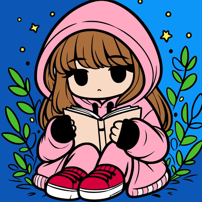 girl in oversized hoodie reading a book