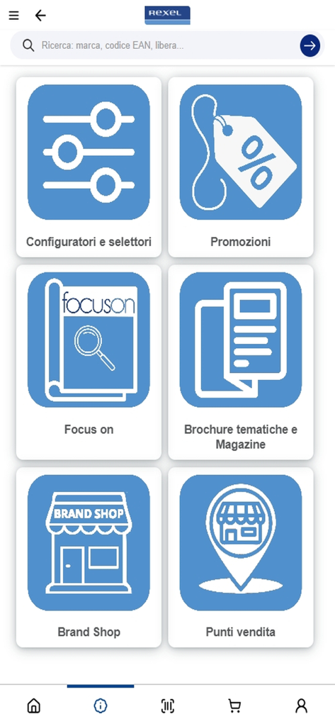 Interface of the Rexel Italia app showing various service options like product configurators, promotions, and store locations.