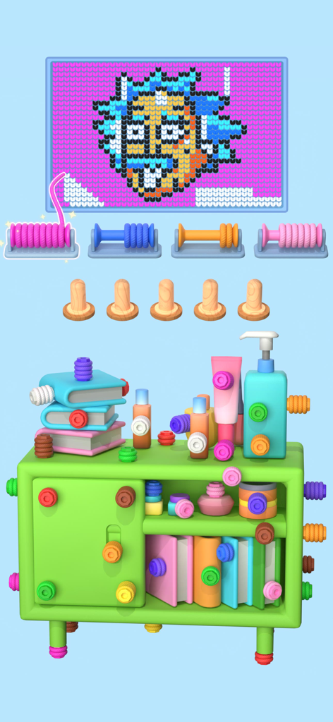 Wool Master 3D - Thread Sort - A 3D puzzle interface where players sort colored yarn from a cabinet to complete a pixel art painting