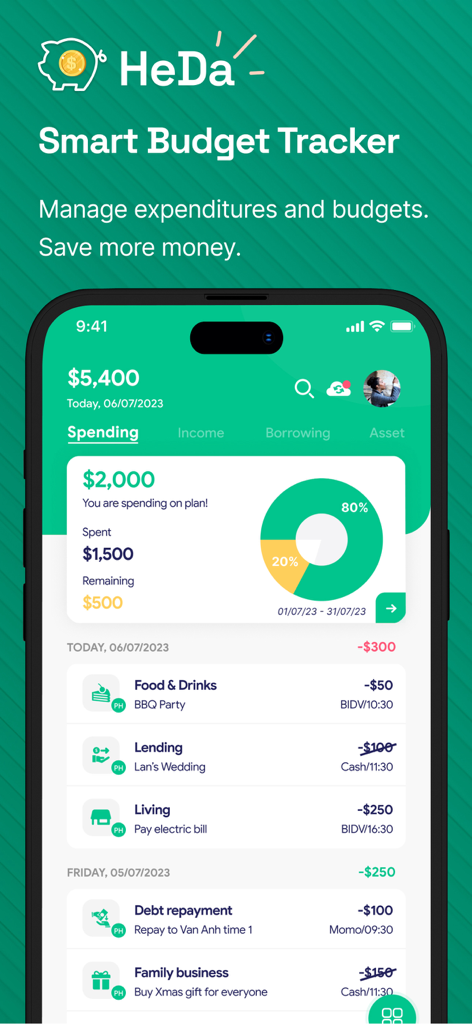 Budget Planner & Tracker: HeDa - HeDa mobile app interface showing a spending budget progress wheel and a detailed list of daily transactions