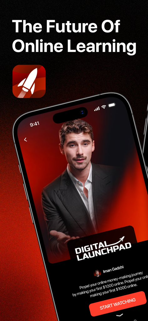 Pantalla de inicio de la aplicación Digital Launchpad con Iman Gadzhi y el eslogan del futuro del aprendizaje online