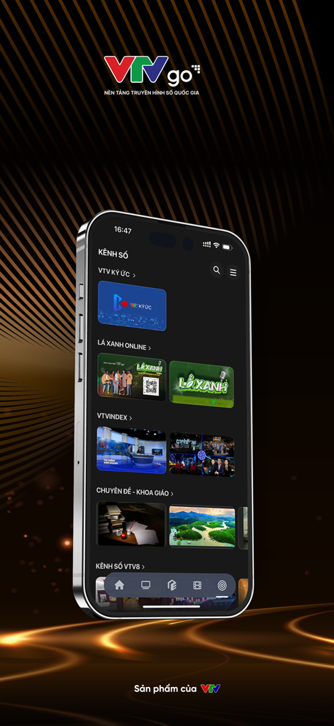 VTV Go Truyền hình số Quốc gia - VTV Go app interface displaying various Vietnamese digital TV channels and categories.