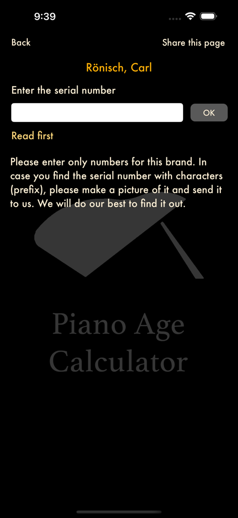 Online Piano Atlas - Interface of the Piano Age Calculator in the Online Piano Atlas app for Ronisch brand pianos.