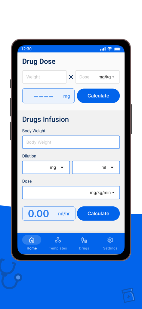 Captura de pantalla de la aplicación Dr. Med que muestra la interfaz de la calculadora de dosis de medicamentos y tasas de infusión