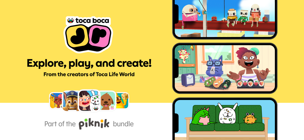 Toca Boca Jr - Banner promocional do Toca Boca Jr apresentando vários jogos adequados para crianças e o logotipo do pacote Piknik