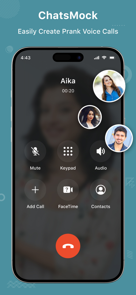 ChatsMock - Capture d'écran de l'application ChatsMock montrant un faux appel vocal de farce iPhone simulé d'un contact nommé Aika