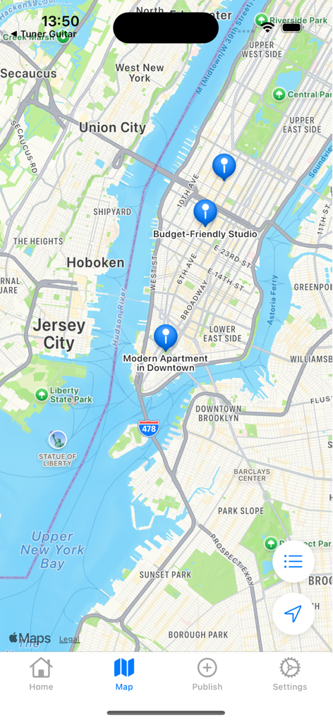 Map view of New York City showing rental listings for apartments and studios in the HomeList app