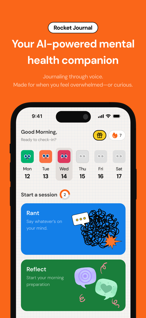 Rocket Journal app home screen showing mood tracking calendar and voice journaling options for rant and reflect modes