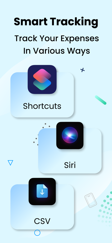 Smart tracking features of the Spendable app showing Shortcuts Siri and CSV import options