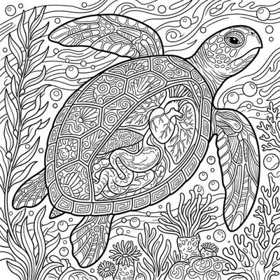 This intricate coloring page offers teens a unique opportunity to explore the fascinating internal anatomy of a sea turtle. Perfect for blending scientific curiosity with artistic expression, it's an educational and engaging activity for marine biology enthusiasts.