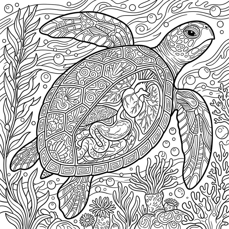 This intricate coloring page offers teens a unique opportunity to explore the fascinating internal anatomy of a sea turtle. Perfect for blending scientific curiosity with artistic expression, it's an educational and engaging activity for marine biology enthusiasts.