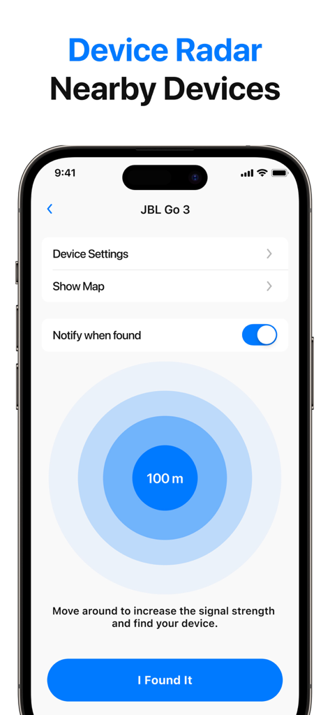 Tag Tracker & Pods Air Finder - Tag Tracker app interface showing device radar to find a JBL speaker