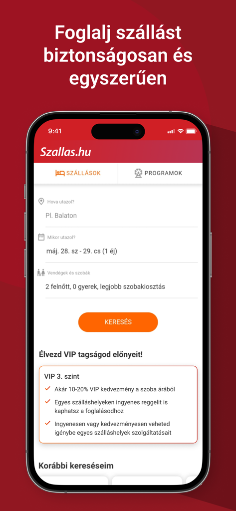 Szallas.hu - Szallas.hu mobile app home screen for accommodation search and VIP member benefits