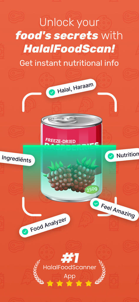 Interfaz de la aplicación HalalFoodScan escaneando un producto alimenticio para mostrar ingredientes y estado halal
