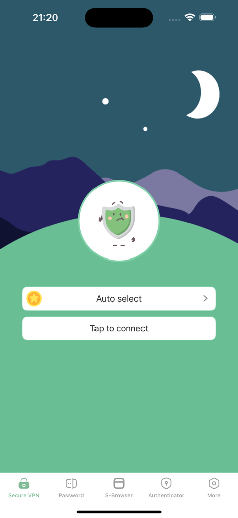 Main screen of Secure VPN app featuring a tap to connect button and bottom navigation menu for password management and authentication tools.