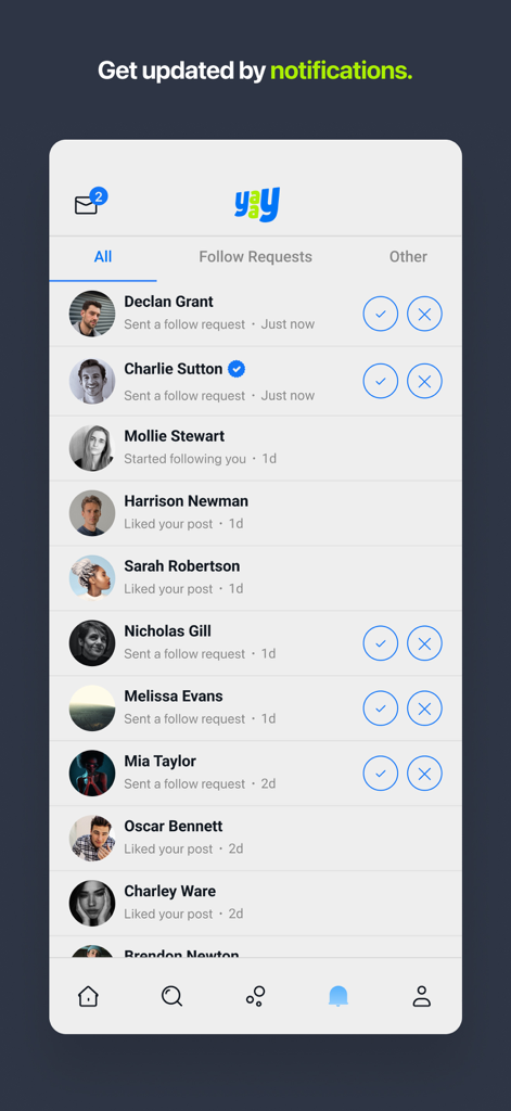 A screen from the Yaay app showing social notifications including follow requests and likes.