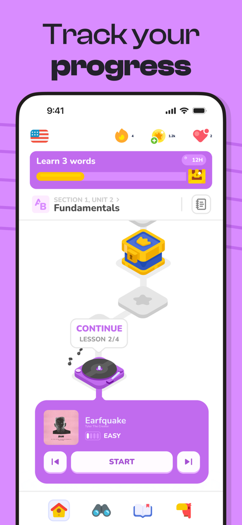 Singit: Learn English & Music - 게임화된 영어 학습 경로와 진행률 추적을 보여주는 Singit 앱 대시보드