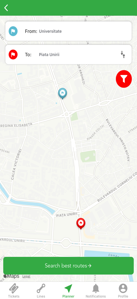 Route planner screen of the Info Transport Bucharest app showing a map with start and end locations